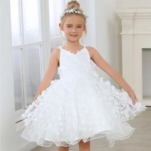 White Flower Girl Dress with Flowers - Size 8